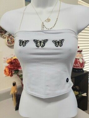 NWT Hollister White Tube Top with Black Butterfly Embroidery